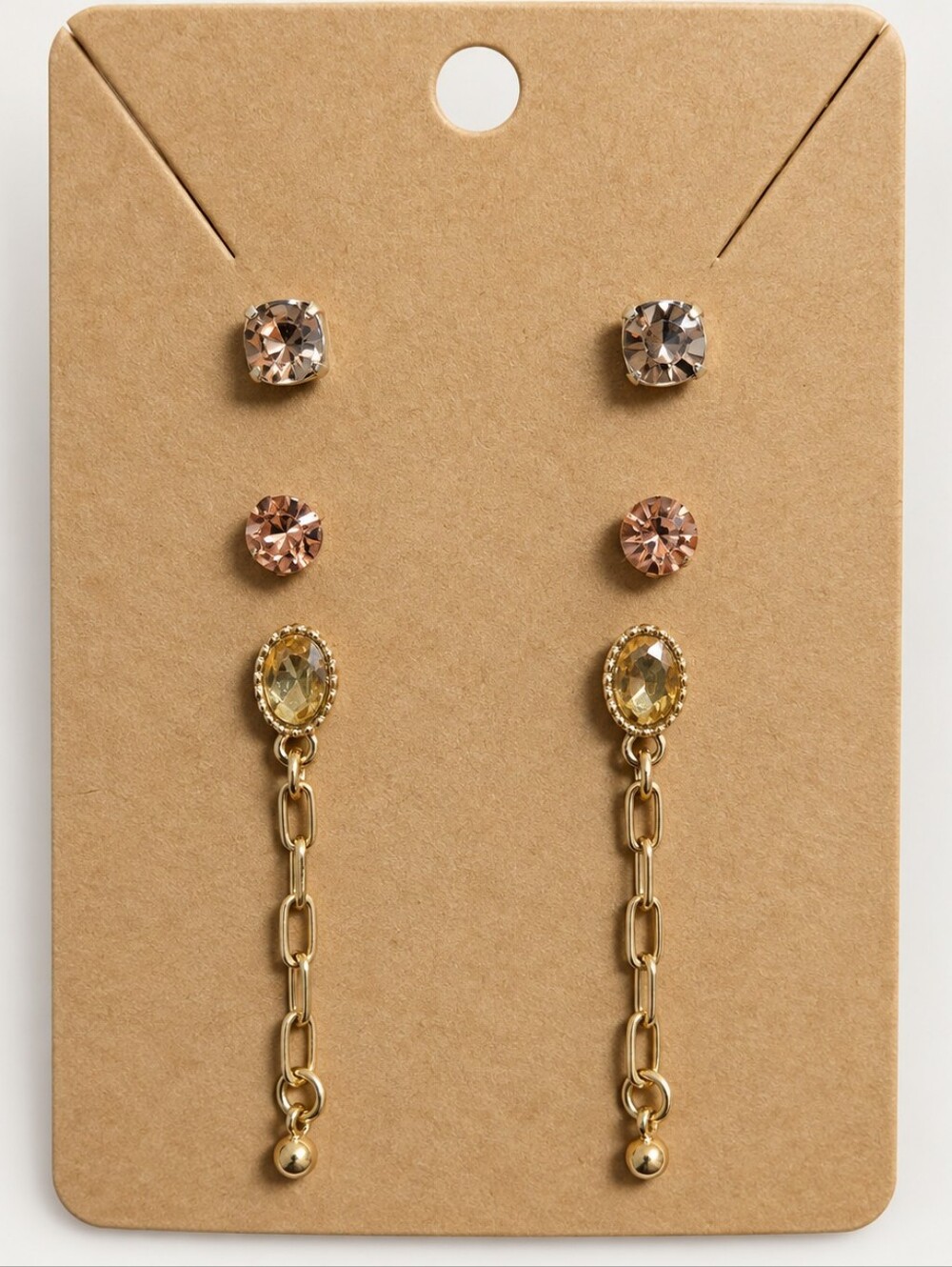 3 Pair Earring Set Crystal Studs Gold Chain Dangle Drop Earrings Champagne